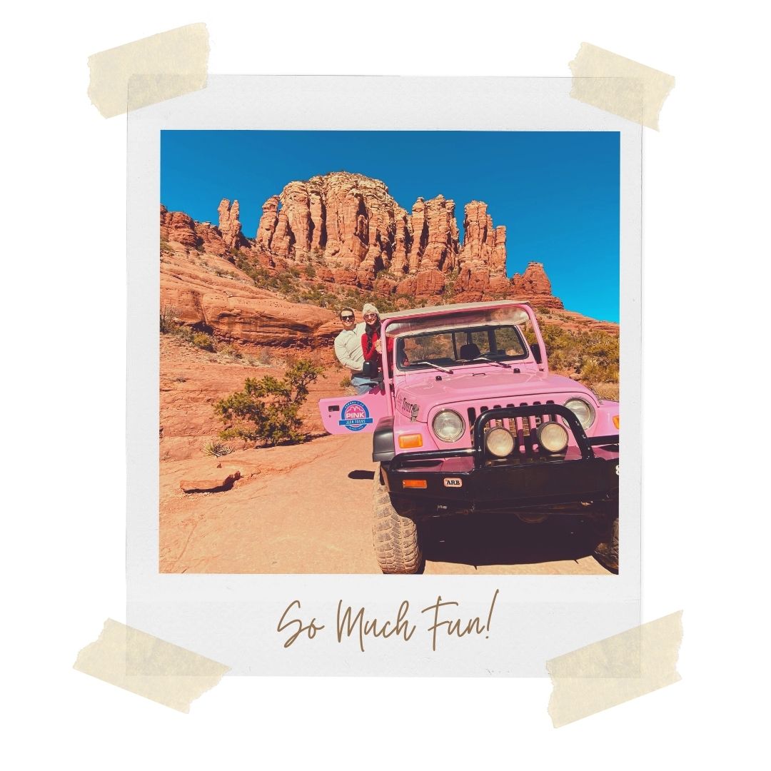 A Polaroid image of a couple standing inside a Pink Jeep Wrangler