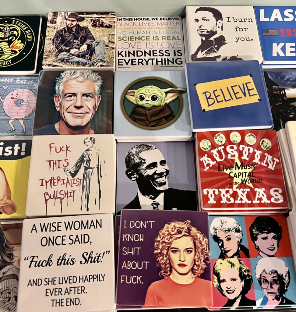 Funky drink coasters inside a store in Austin, Texas