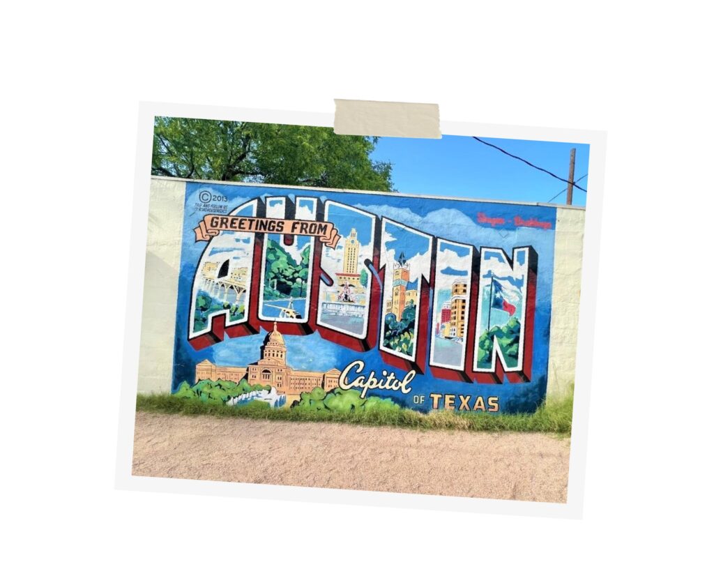 "Greetings from Austin" postcard Mural in Austin Texas