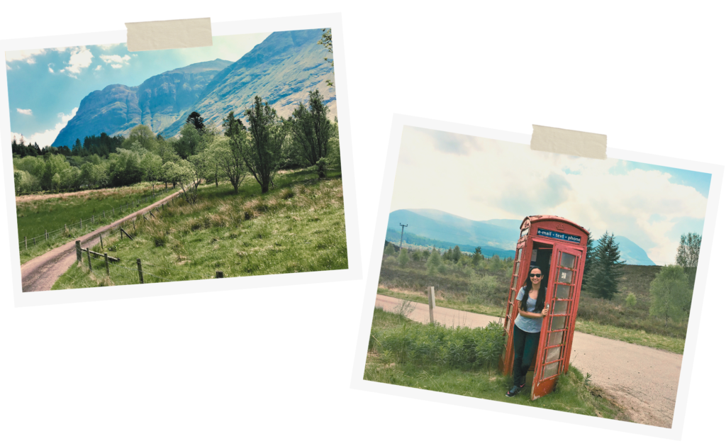 Polaroid of Scotland landscape and a women inside a red phone booth during a road trip