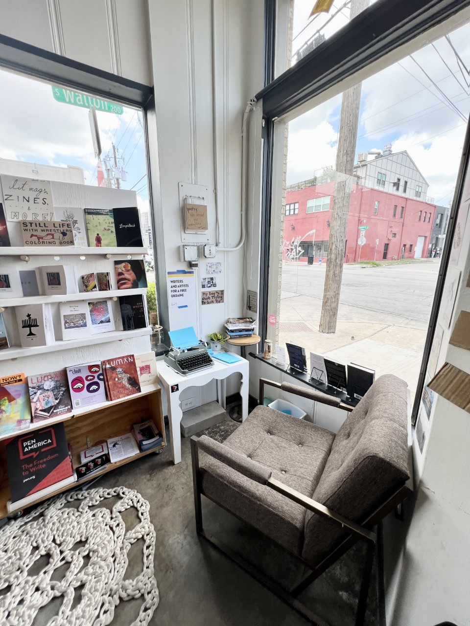 corner of a bookstore with a typewriter in a corner