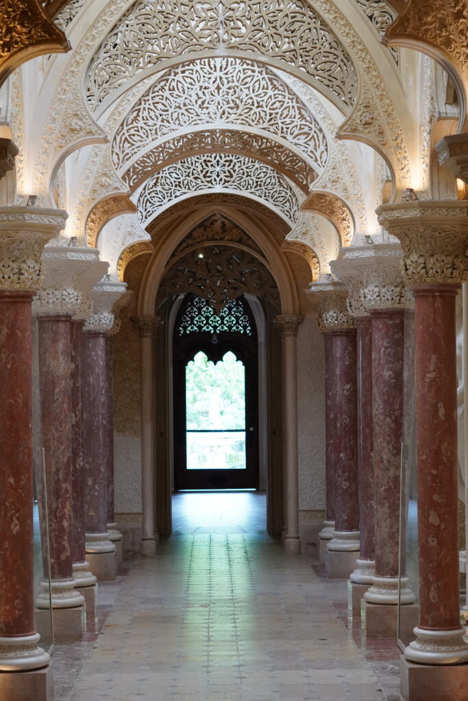 the interior archways inside Monserrate Palace in Sintra, Portugal