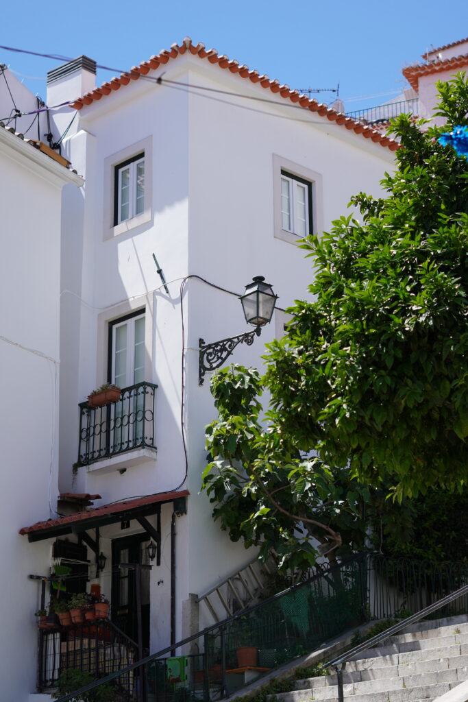 a charming apartment building surrounded by trees and potted plants in the balconies