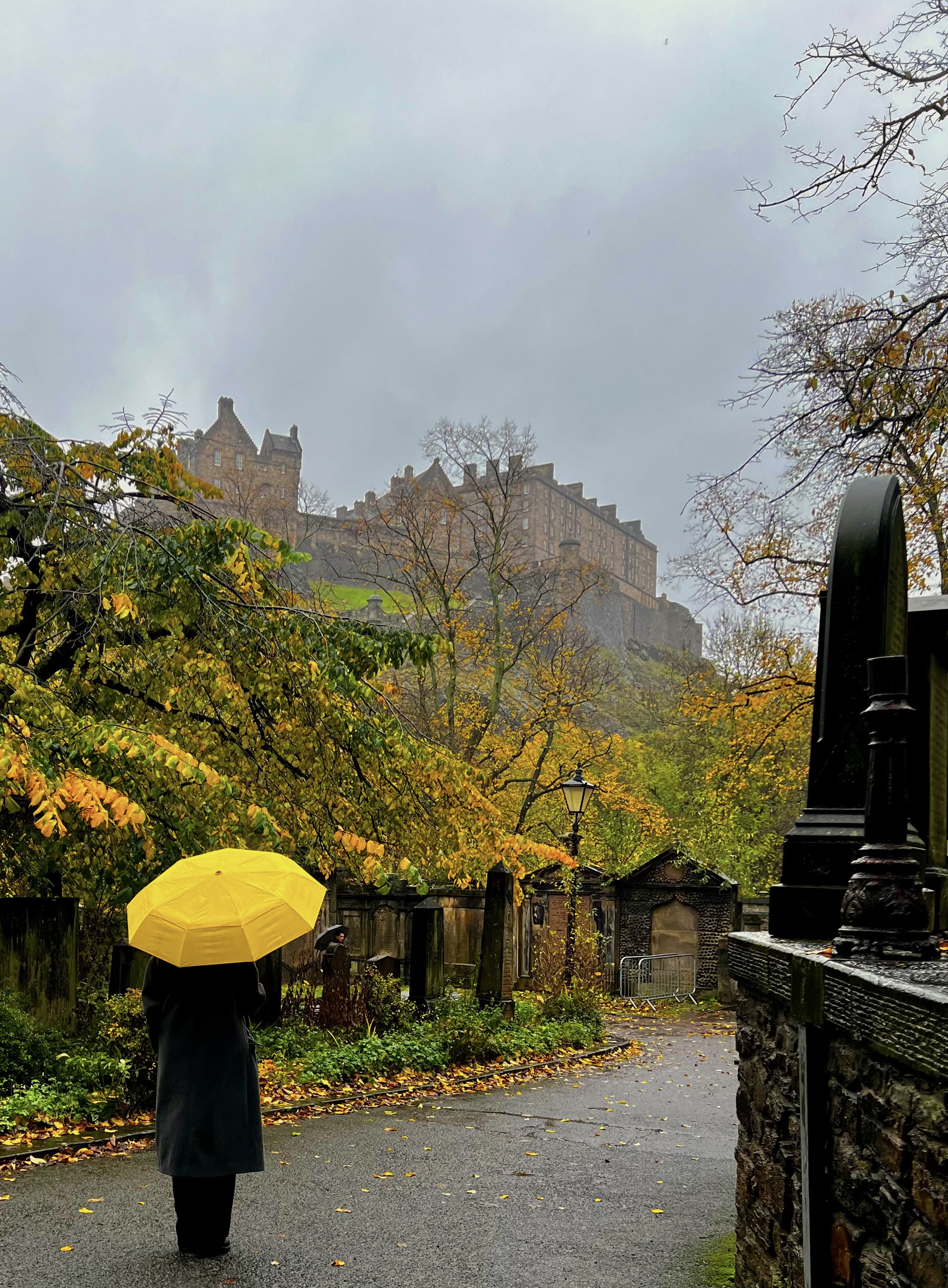 a person holding an umbrella and a castle on a hill in the distance