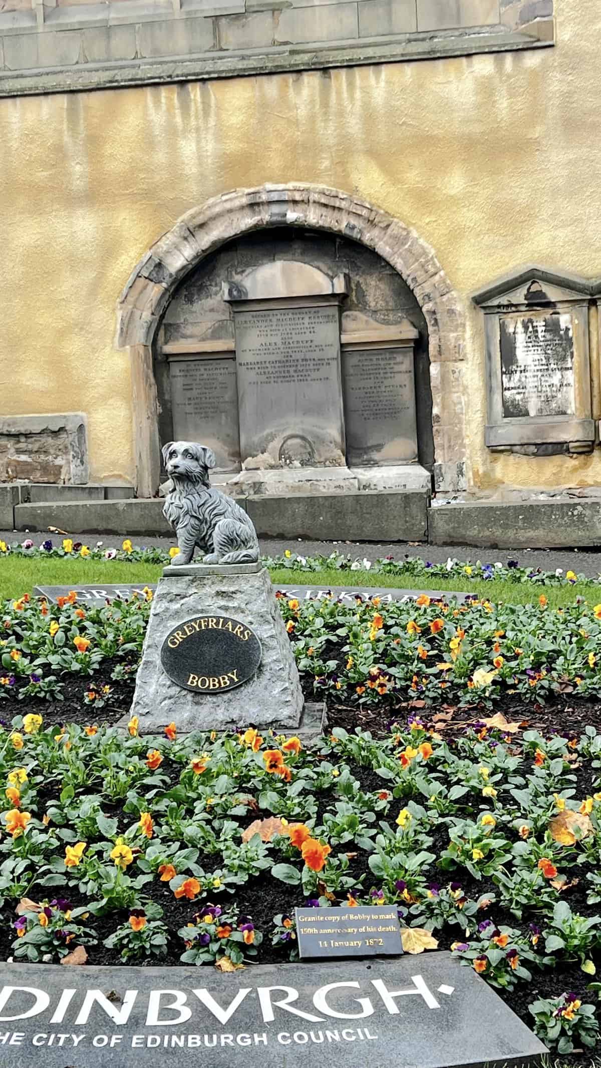 a statue of a terrier dog on the ground surrounded by a bed of flowers