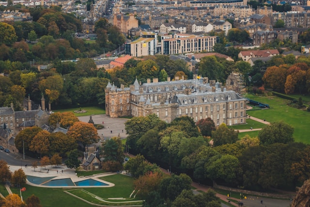 a birds-eye view of a palace 