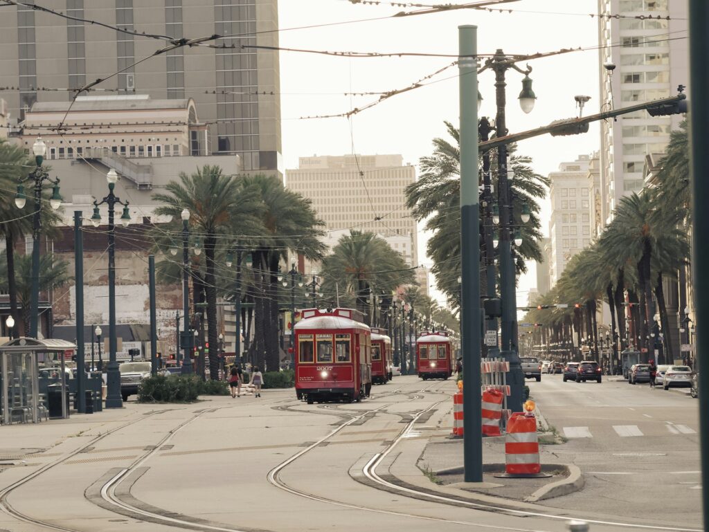 a street filled with trams 