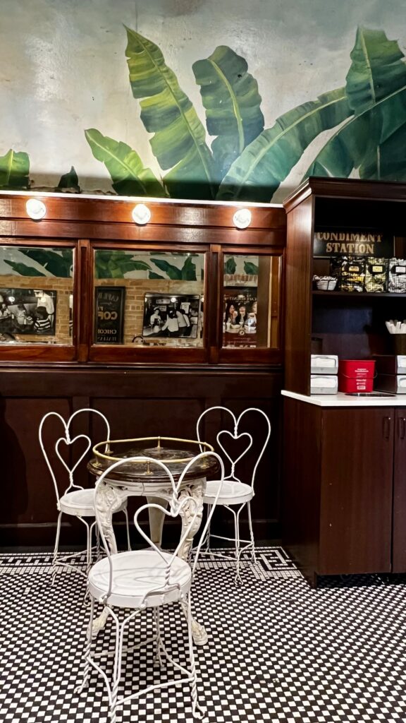 table and chairs inside a restaurant